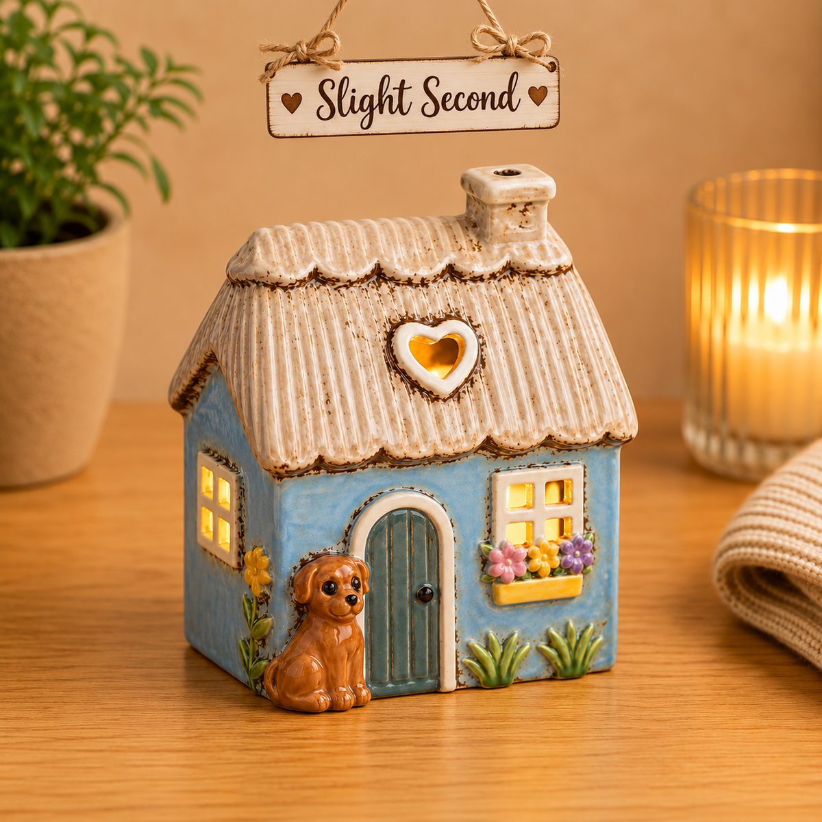 2nd Village Pottery Blue Thatched Roof With Dog Tealight Holder