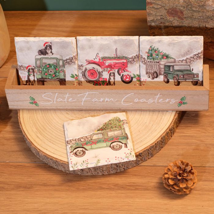 Christmas Land-rover & Farm Tractor Slate Coasters