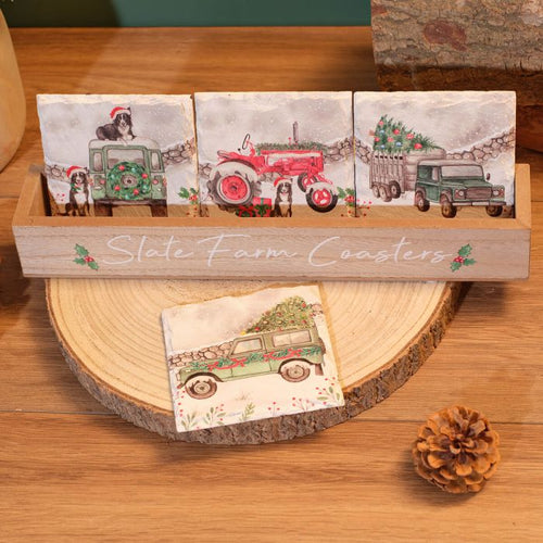 Christmas Land-rover & Farm Tractor Slate Coasters