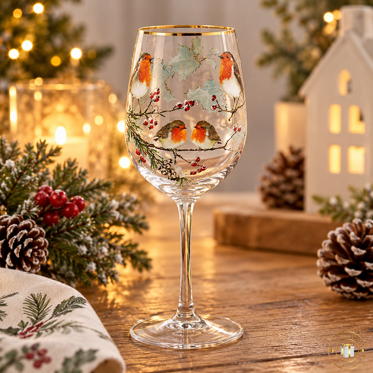 Robin Christmas Wine Glass with Gold Rim