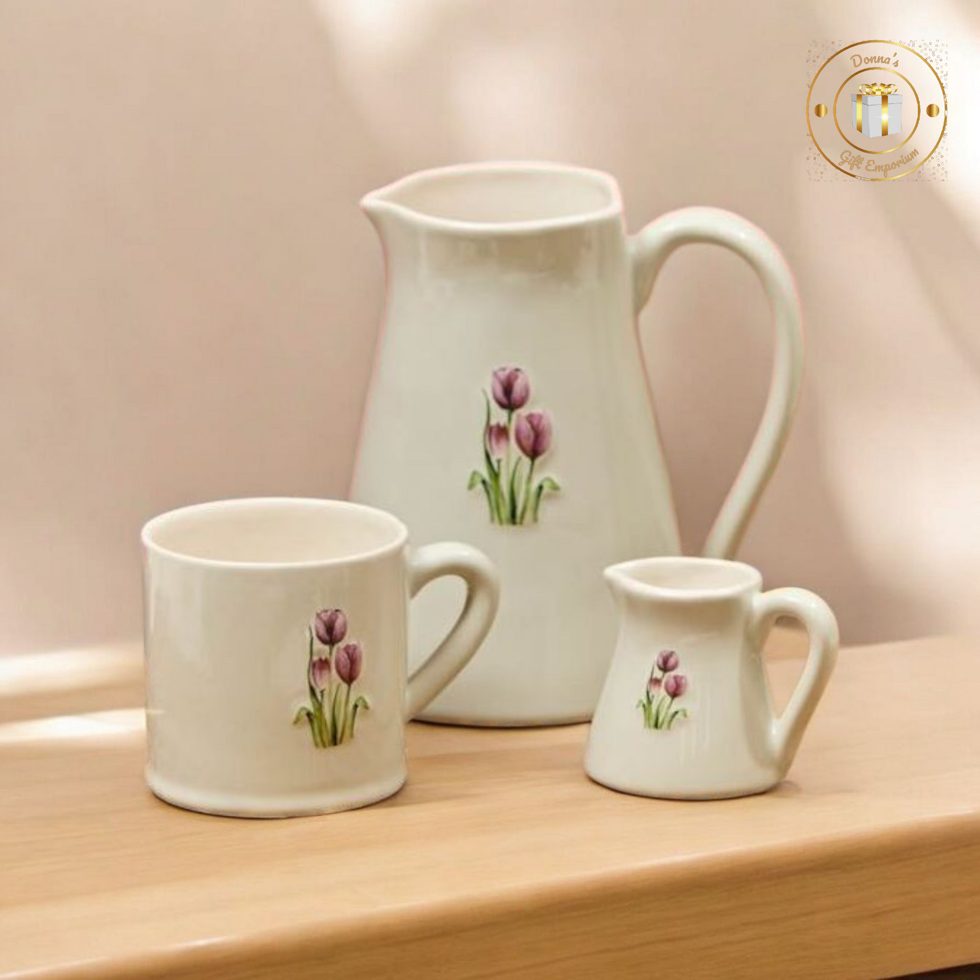 Stoneware Embossed Tulips Milk Jug, Mug & Large Jug