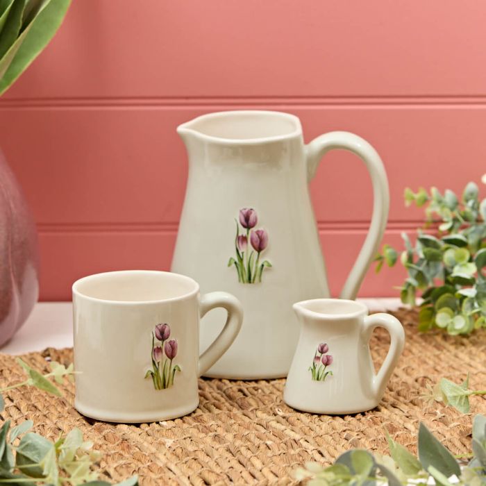Stoneware Embossed Tulips Milk Jug, Mug & Large Jug