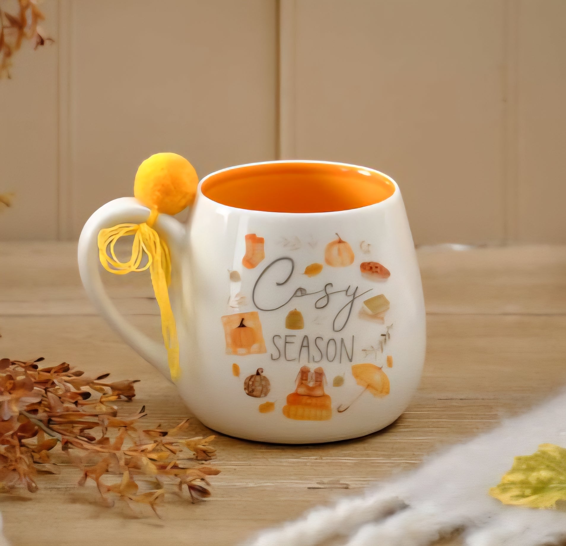 Autumn Pumpkin Harvest Cosy Season Stoneware Mug With Pom Pom