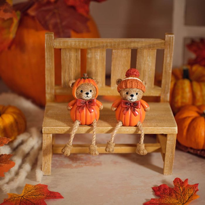 Teddy Bear Pumpkin Shelf Sitters - Pair *** PRE-ORDER ***
