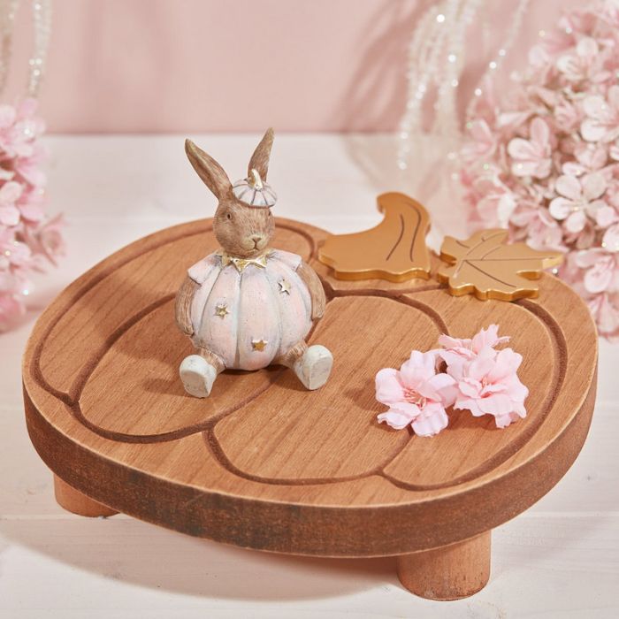 Chunky Rustic Wooden Autumn Pumpkin Styling Tray With Gold Stem & Leaf
