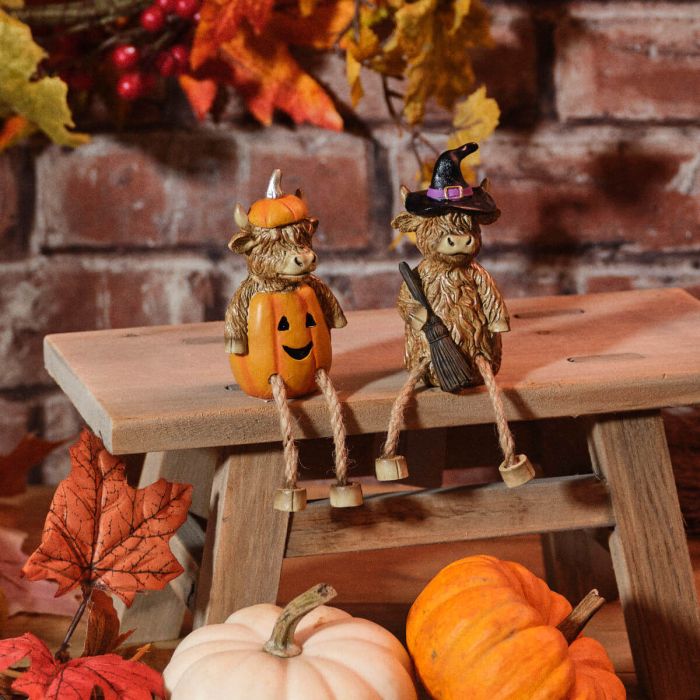 Spooktacular Halloween Highland Cows Pumpkin Witch Shelf Sitters
