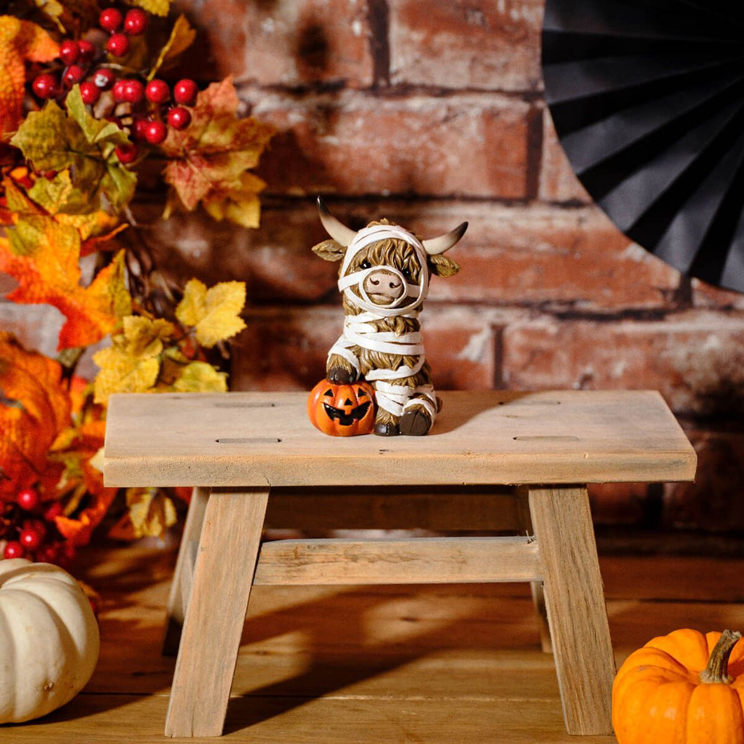 Spooktacular Halloween Highland Cow Mummy With Pumpkin PRE-ORDER