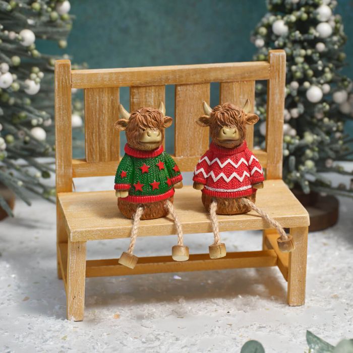 Christmas Highland Cow Shelf Sitter Decorations In Wooly Jumpers