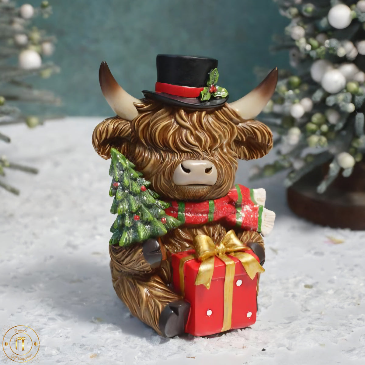 Festive Highland Cow with Christmas Tree & Present