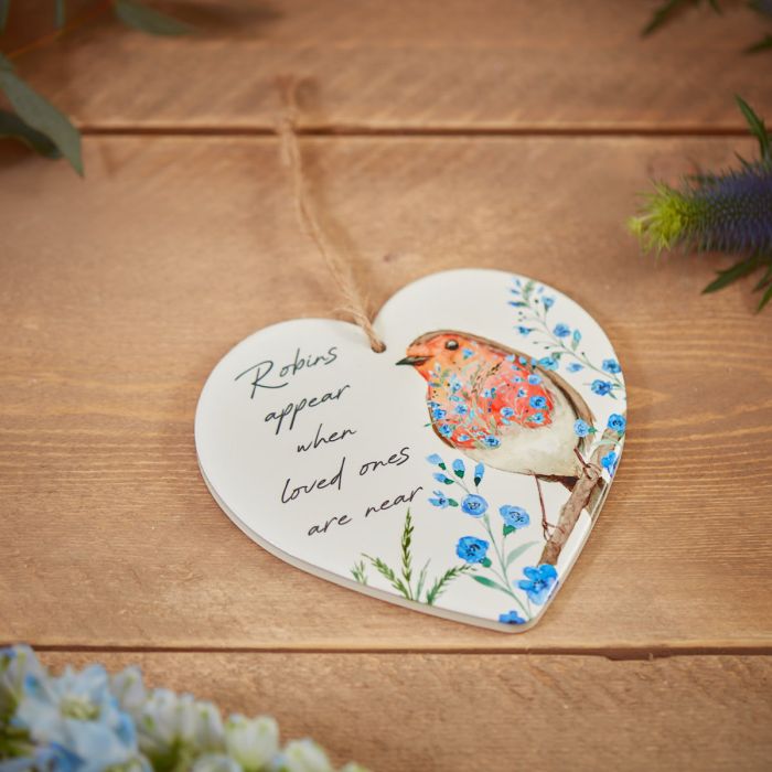 Robin Forget Me Not Ceramic Hanging Heart
