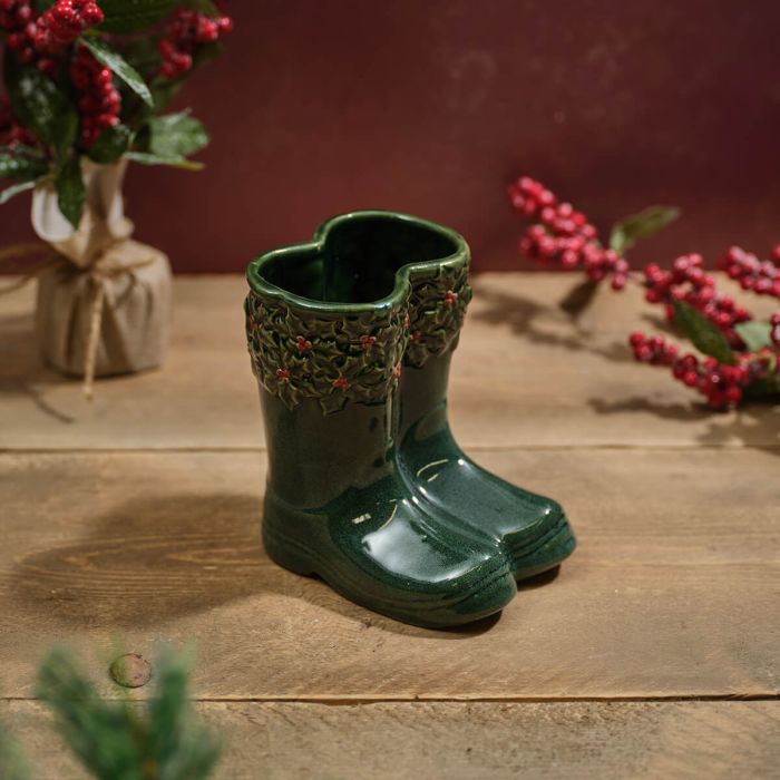 Green Holly Wellington Boot Stoneware Planter
