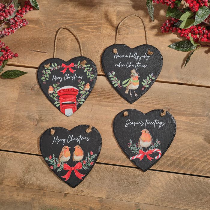 Christmas Robin Slate Heart Hanging Signs