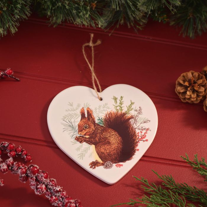 Festive Ceramic Squirrel Heart Hanging Decoration