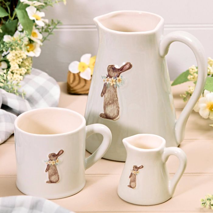 Spring Easter Stoneware Embossed Rabbit Milk Jug, Mug & Large Jug