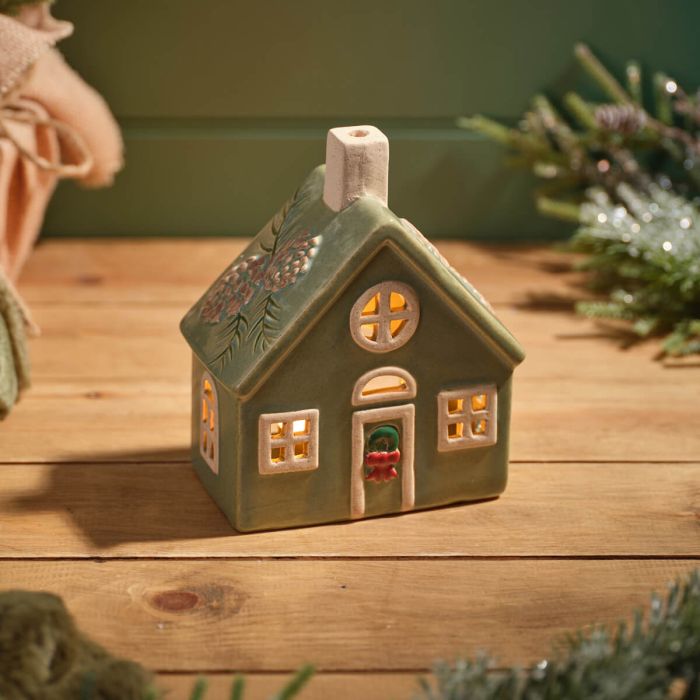 Stoneware Christmas House Candle Holders In Sage Blue