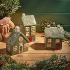 Stoneware Christmas House Candle Holders In Sage Blue