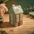 Stoneware Christmas House Candle Holders In Sage Blue