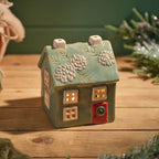 Stoneware Christmas House Candle Holders In Sage Blue