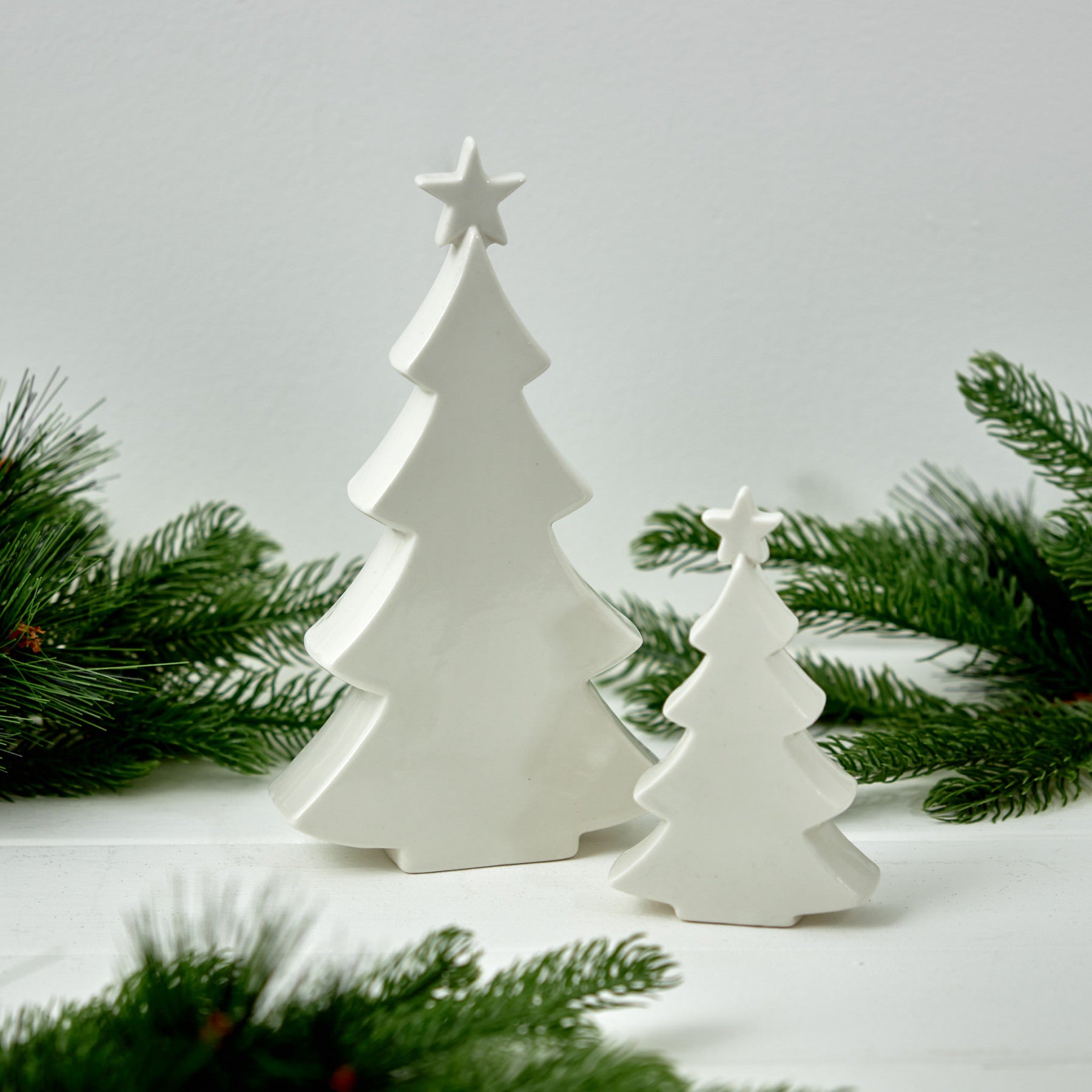 White Glossy Ceramic Christmas Trees - Pair
