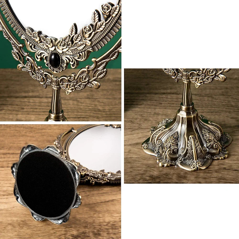 Vintage Tabletop Mirror Oval Double Side Rotating Retro Dressing Makeup Mirror Standing Vanity Mirror