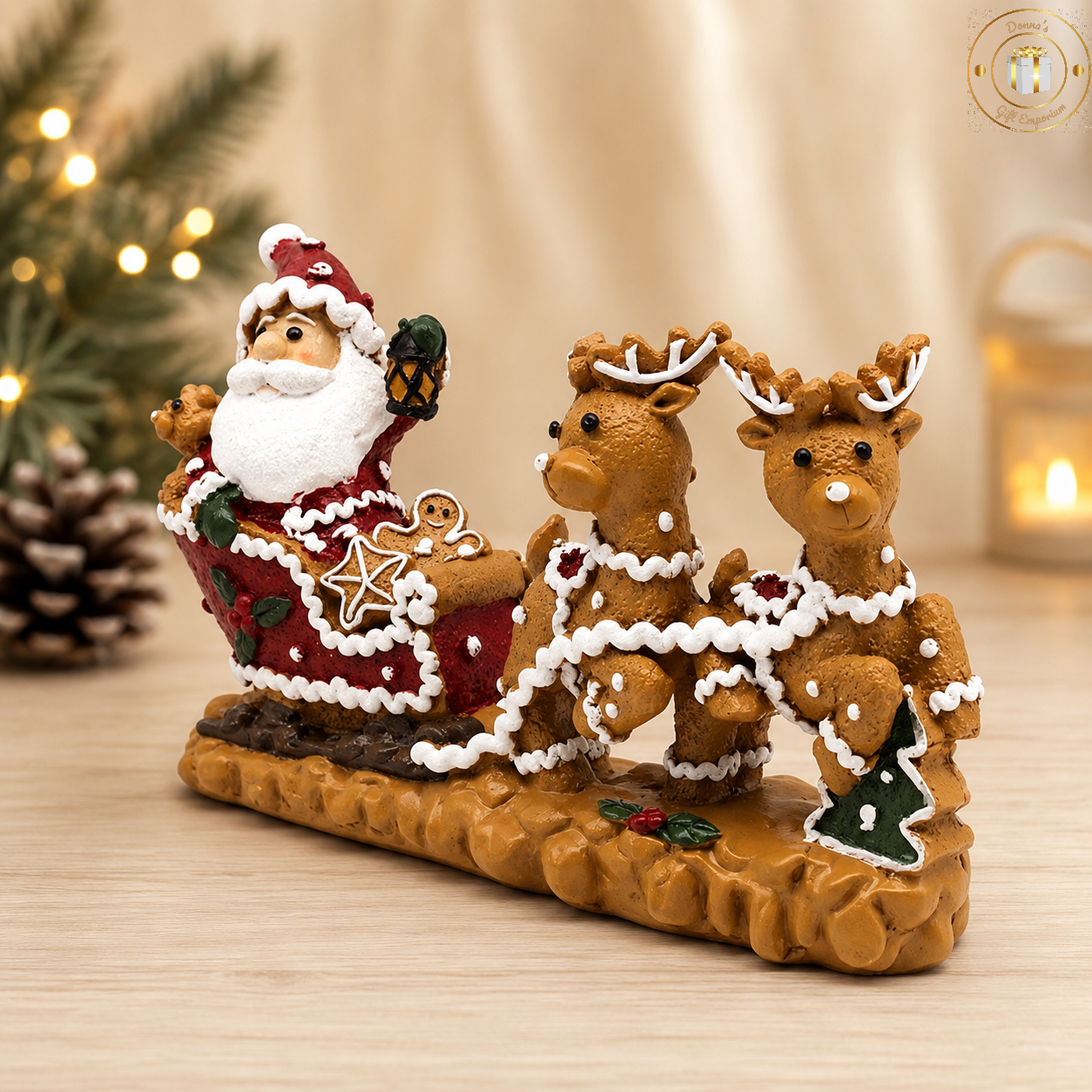 Gingerbread Santa On Sleigh With Two Reindeers