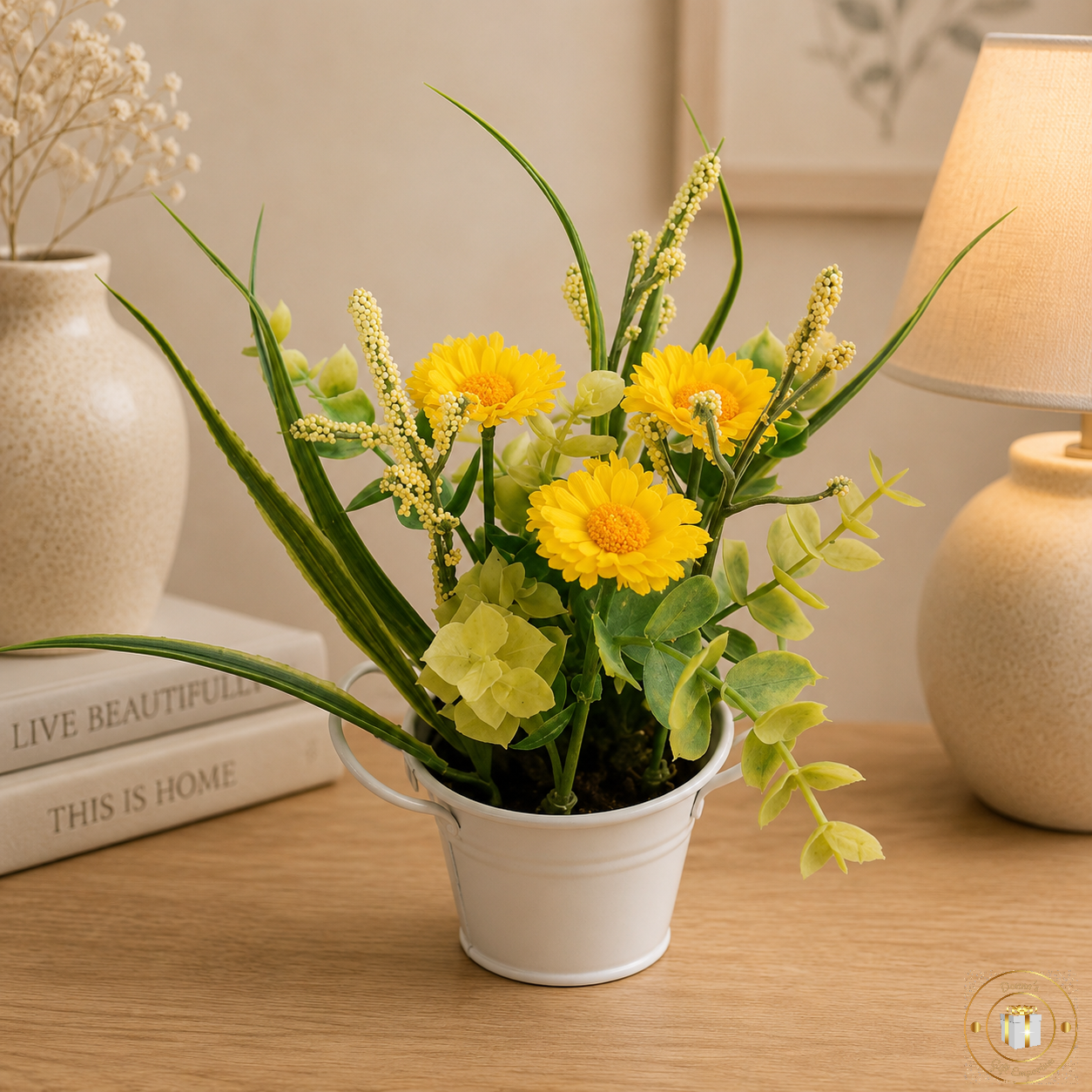 Yellow Floral Arrangement In White Metal Pot