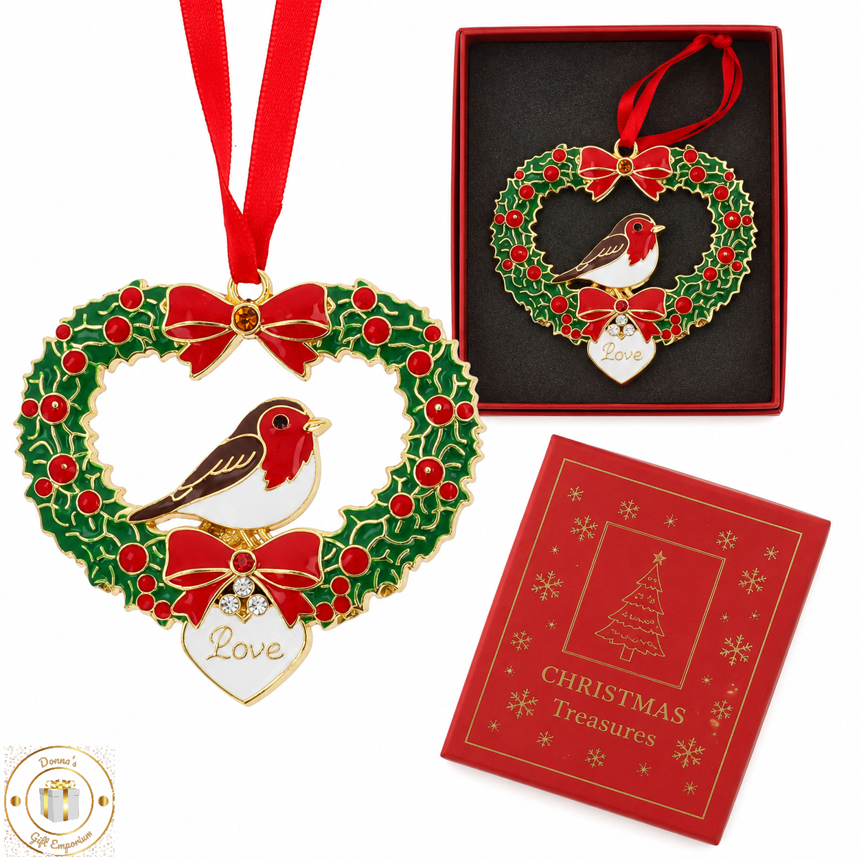 Christmas Treasures Robin Heart Metal & Enamel Tree Decoration & Keepsake