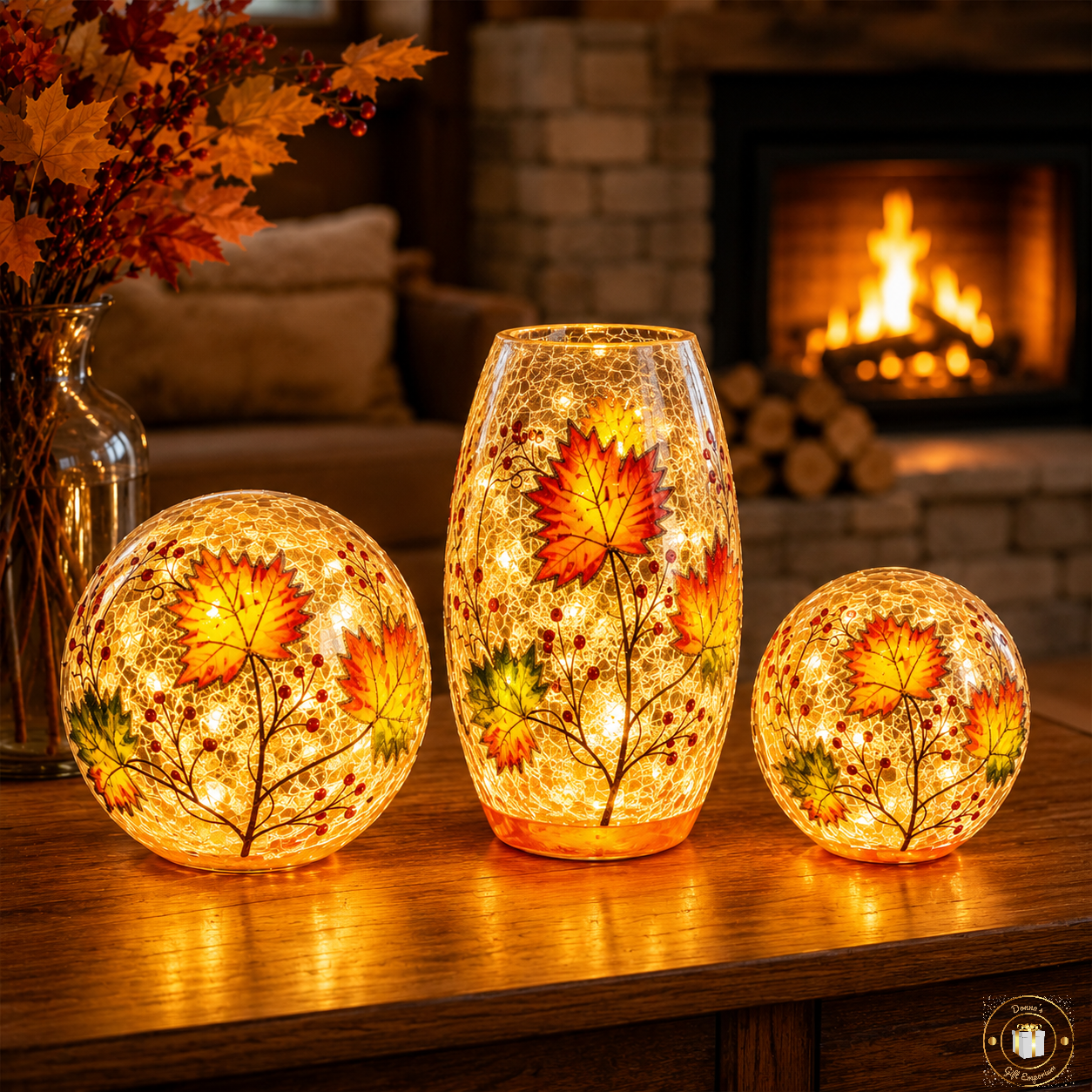 Crackle Autumn Leaves LED Vase, Tube & Balls