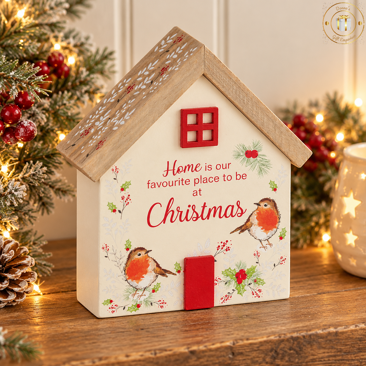 Christmas Robin Wooden Freestanding House Block - Home