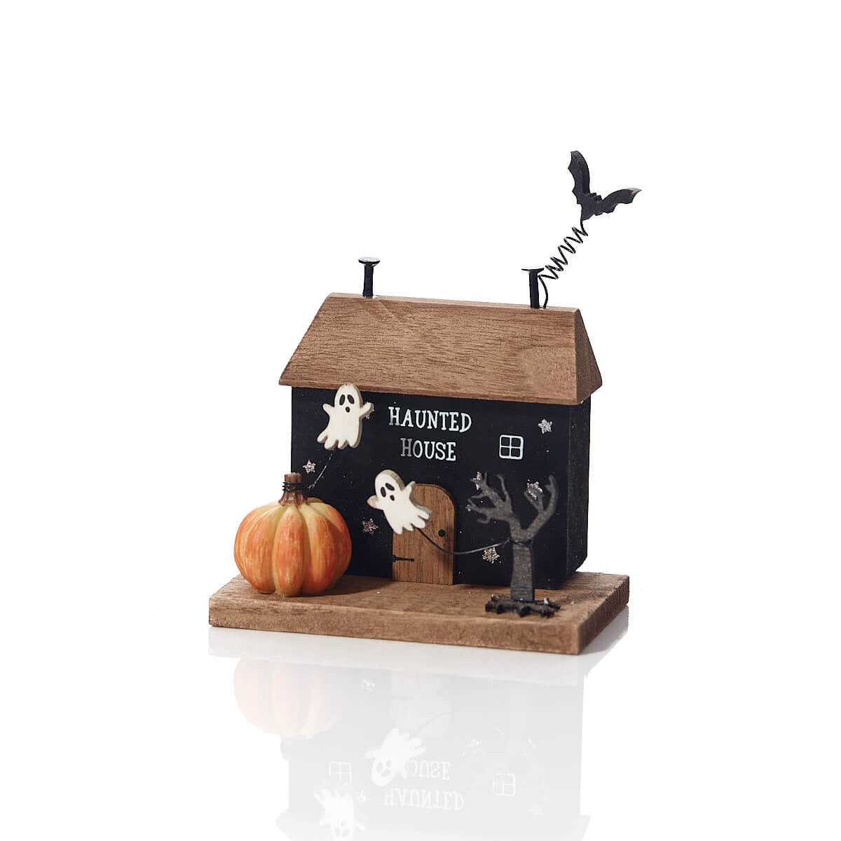 Wooden Haunted House With Ghosts & Pumpkins