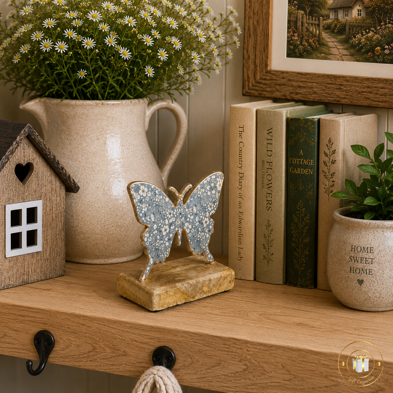 Floral Butterfly On Wooden Base - Blue