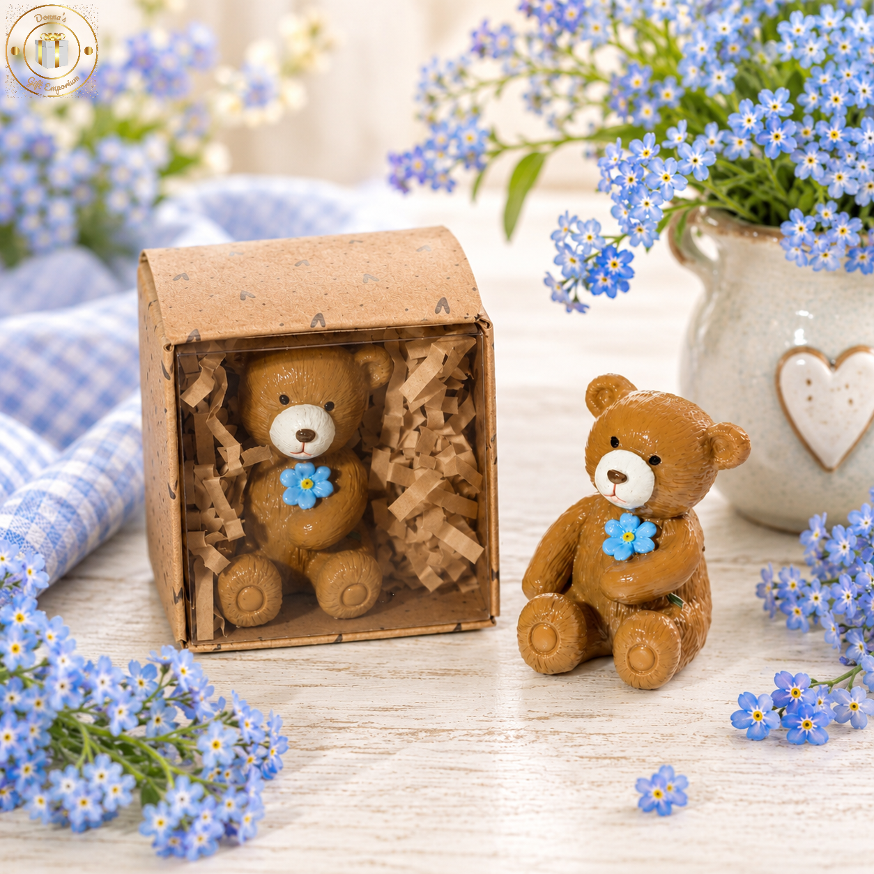 Tiny World Teddy Bear Holding A Forget-me-not - Remembrance Keepsake