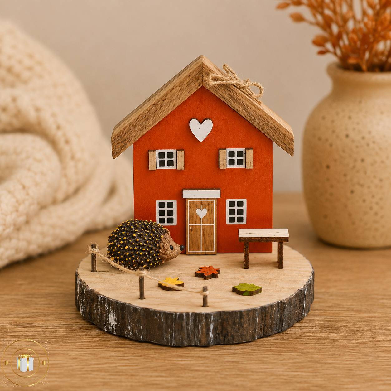 Autumn Hedgehog & House Wooden Decoration
