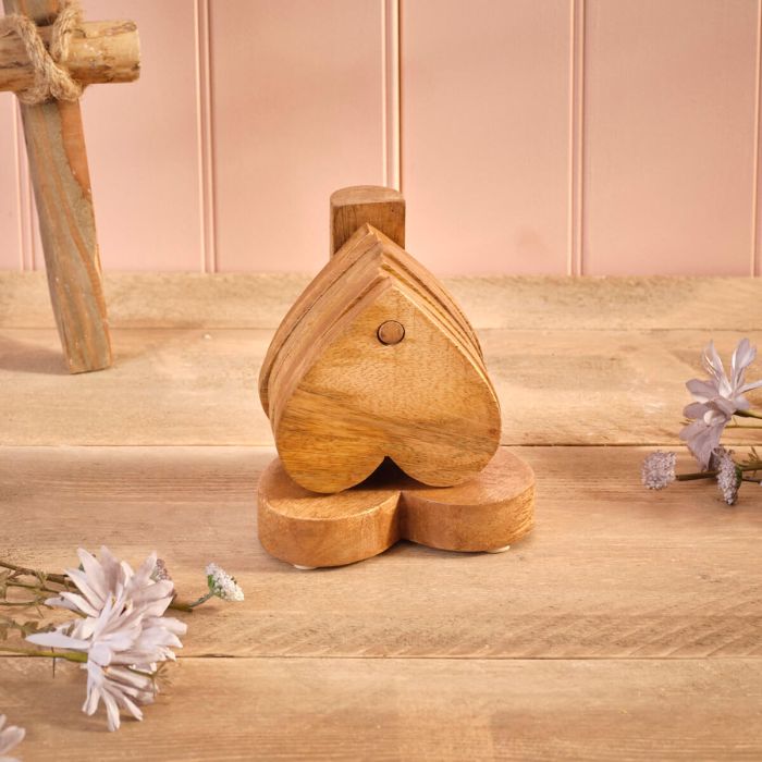 Mango Wood Heart Shaped Coasters With Display Stand - Set of 6