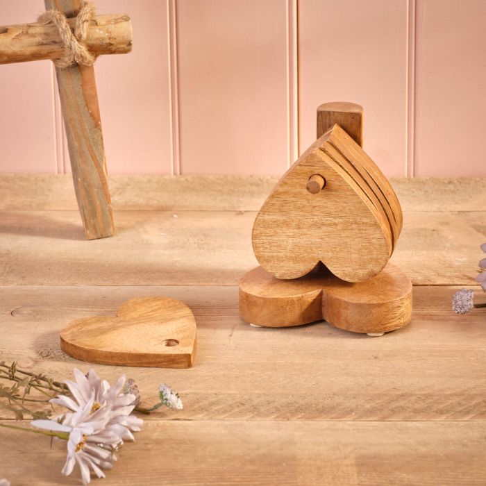 Mango Wood Heart Shaped Coasters With Display Stand - Set of 6