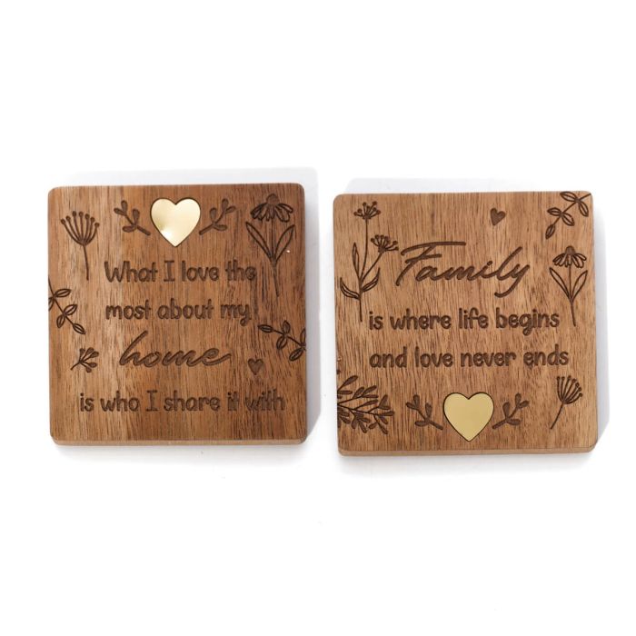 Wood Family Coasters - Set of 2 - With Brass Heart Inlay