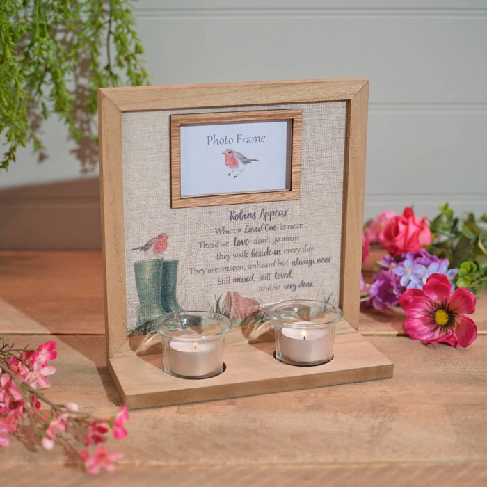 Robins Appear When Loved Ones Are Near Wood Framed Double Tea Light Holder Photo Frame