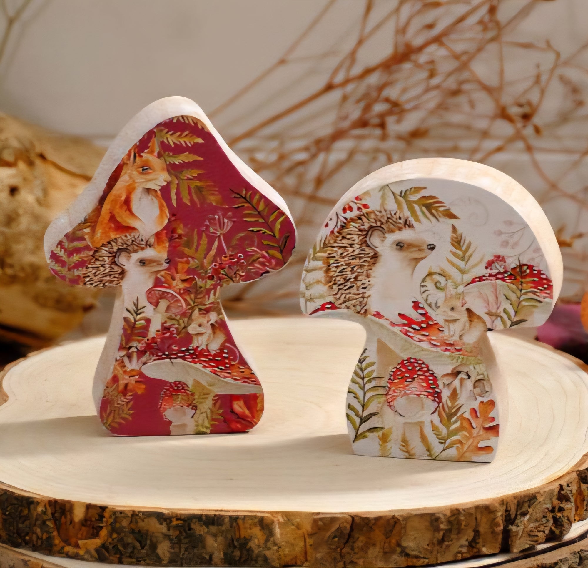 Toadstool Tales Wood Mushroom Block - Autumn Woodland Animals