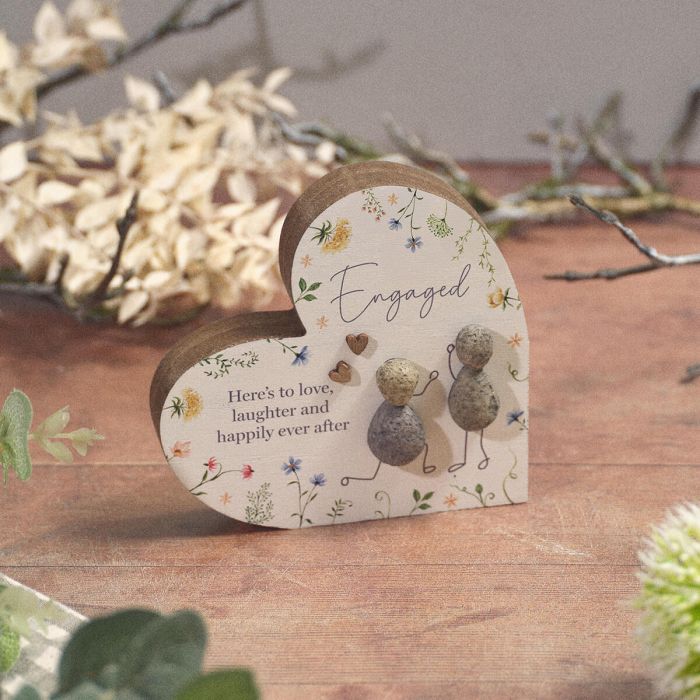 Engaged Pebble Couple Wooden Heart Block