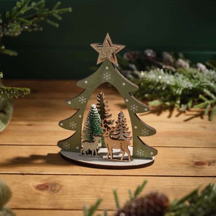 Wooden Christmas Tree & Reindeer Decoration