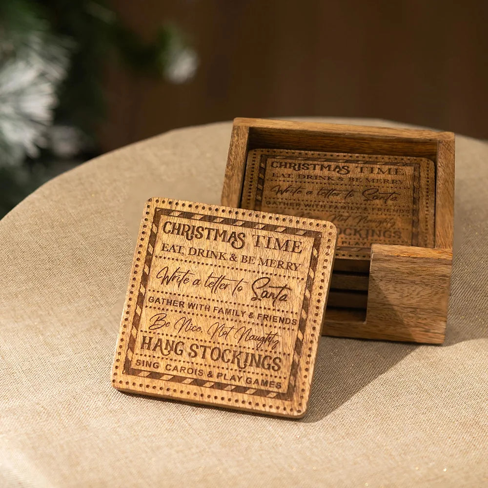 Set Of 4 Laser Engraved Mango Wood Christmas Coasters | Festive Coaster Set | Christmas Coasters