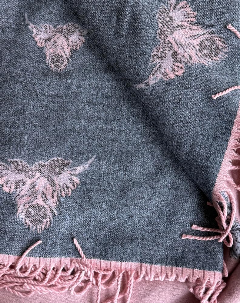Cashmere Highland Cow Scarf - Black/Pink