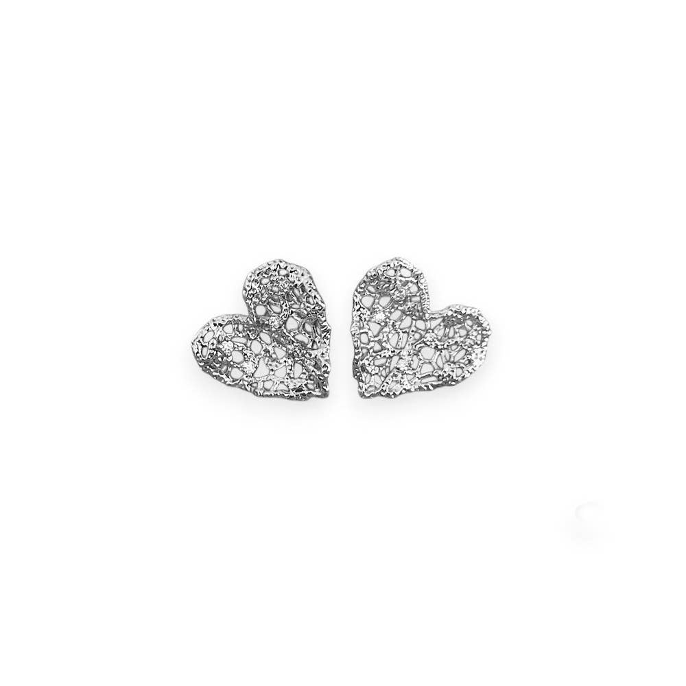 Filigree Gem Detail Heart Stud in Silver