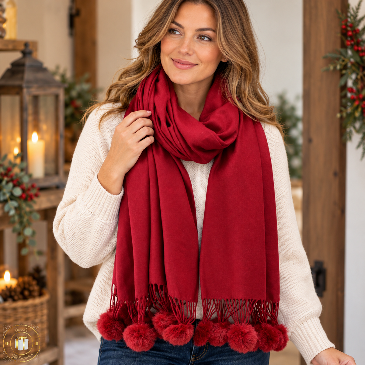 Cashmere Pom Pom Scarf - Maroon