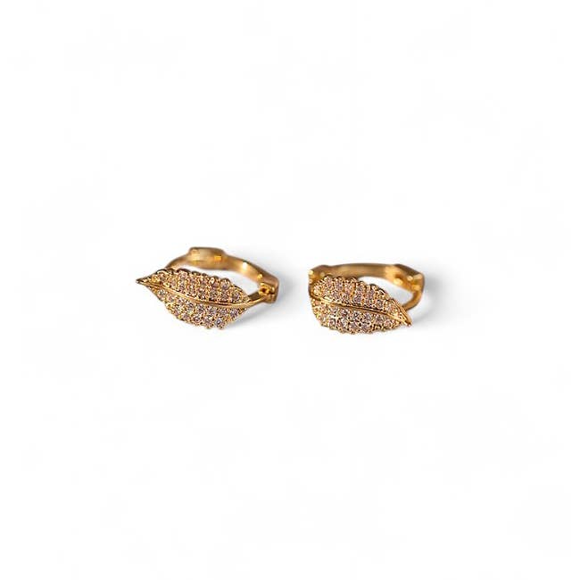 Cubic Zirconia Leaf Huggie Earring in Gold