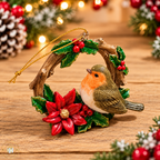 Christmas Robin & Poinsettia Wreath Hanging Decoration