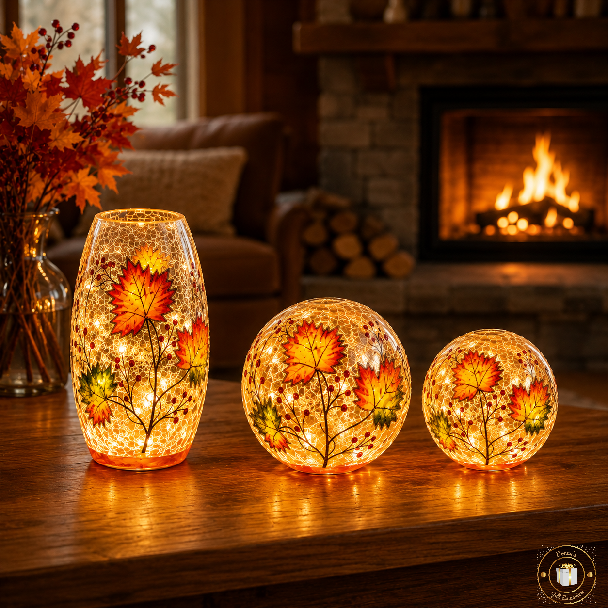Crackle Autumn Leaves LED Vase, Tube & Balls