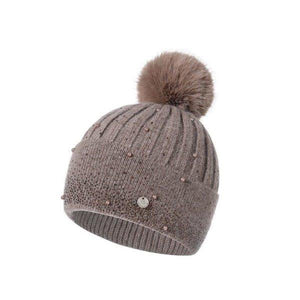 Rhinestone & Pom Pom Hat - Taupe