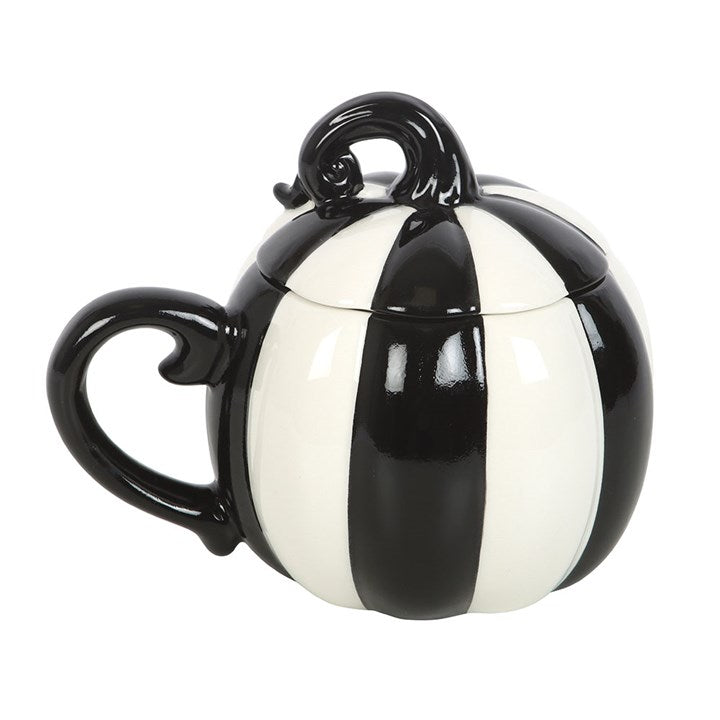 Black & White Round Striped Pumpkin Lidded Mug