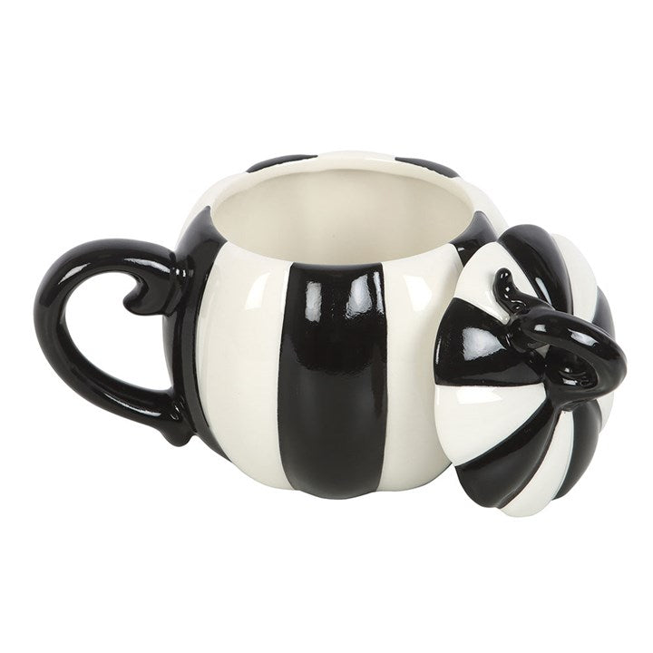 Black & White Round Striped Pumpkin Lidded Mug